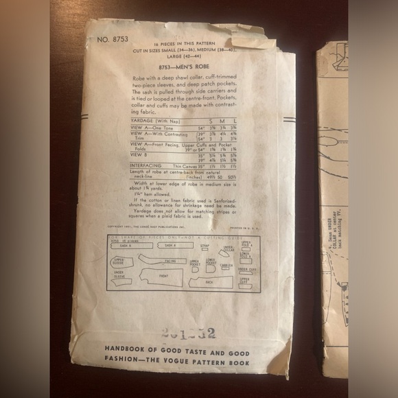 Vintage Vogue Pattern 8753 Men's Robe, circa 1951, Size M, Cut (Maybe?) - Picture 2 of 7